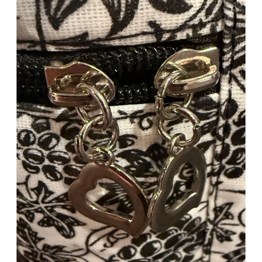 Bella Russo Makeup Bag  Black White Floral Design Zipper Closure Handle Charms